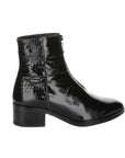 Side view of Bos & Co Jordon Zip Ankle Boot in black patent leather with croc-embossed accents, offering a sleek and waterproof design.