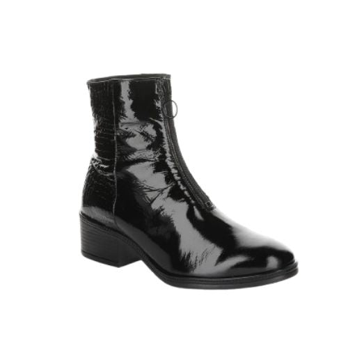 Black ankle boot with zipper at front. The zipper has a circle charm. Back half of boot is a crocco patent and front half is black patent. The 2" heel outsole is black