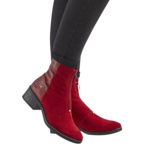 Model wearing Bos & Co Jordon Zip Ankle Boot in red suede, showcasing its stylish zip closure and low block heel for versatile wear.