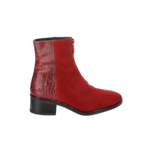 Side view of Bos & Co Jordon Zip Ankle Boot in red suede with croc-embossed leather accents and waterproof design, perfect for fall.