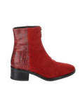 Side view of Bos & Co Jordon Zip Ankle Boot in red suede with croc-embossed leather accents and waterproof design, perfect for fall.