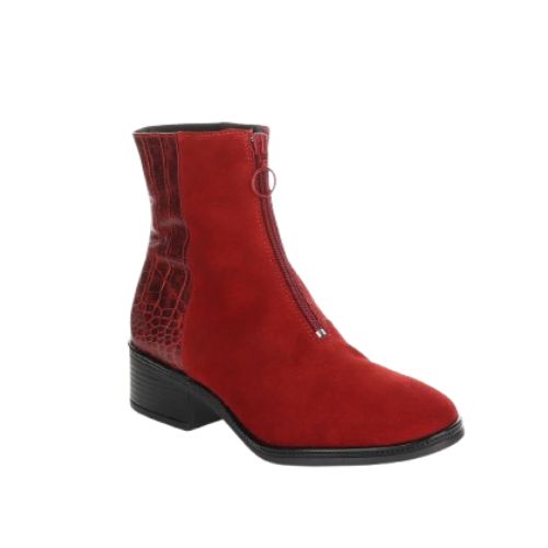 Red ankle boot with zipper at front. The zipper has a circle charm. Back half of boot is a crocco patent and front half is red suede. The 2" heel outsole is black