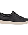 Profile of an Ecco black leather casual laced sneaker with detail stitching on side with a white outsole.