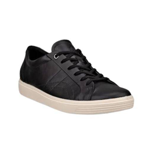 An Ecco black leather casual laced sneaker with detail stitching on side with a white outsole.