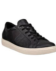 An Ecco black leather casual laced sneaker with detail stitching on side with a white outsole.