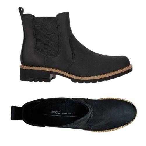 A pair of Ecco black leather chelsea boot with elastic goring, black heel tab, light brown mid-sole, with low heel black outsole. 