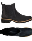 A pair of Ecco black leather chelsea boot with elastic goring, black heel tab, light brown mid-sole, with low heel black outsole. 