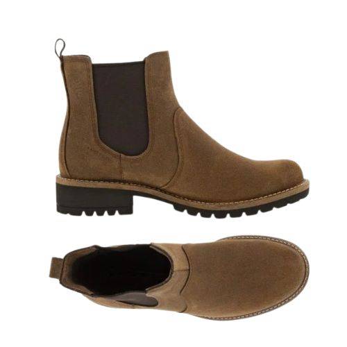 A pair of Ecco brown suede leather chelsea boot with elastic goring, brown heel tab, light brown mid-sole, with low heel black outsole. 