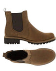 A pair of Ecco brown suede leather chelsea boot with elastic goring, brown heel tab, light brown mid-sole, with low heel black outsole. 