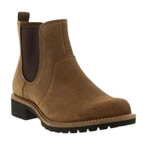 An Ecco brown suede leather chelsea boot with elastic goring, brown heel tab, light brown mid-sole, with low heel black outsole. 