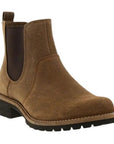 An Ecco brown suede leather chelsea boot with elastic goring, brown heel tab, light brown mid-sole, with low heel black outsole. 