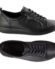 A pair of Ecco lace-up, all black leather sneaker with Gore-tex metal tag on side beside top eyelets, leather footbed and rubber outsole.