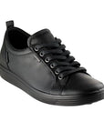 A pair of Ecco lace-up, all black leather sneaker with Gore-tex metal tag on side beside top eyelets and rubber outsole.