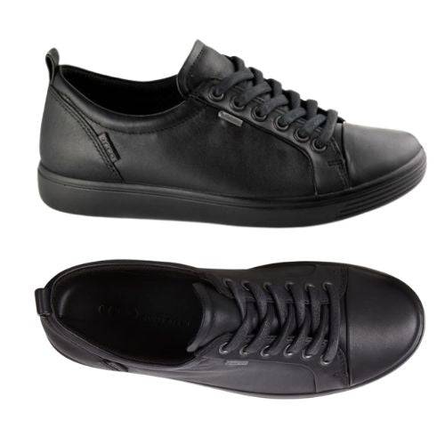 A pair of Ecco lace-up, all black leather sneaker with Gore-tex metal tag on side beside top eyelets, leather footbed and rubber outsole.