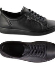 A pair of Ecco lace-up, all black leather sneaker with Gore-tex metal tag on side beside top eyelets, leather footbed and rubber outsole.