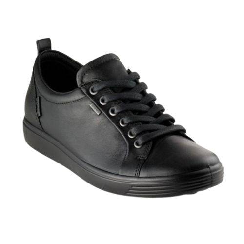 A pair of Ecco lace-up, all black leather sneaker with Gore-tex metal tag on side beside top eyelets and rubber outsole.