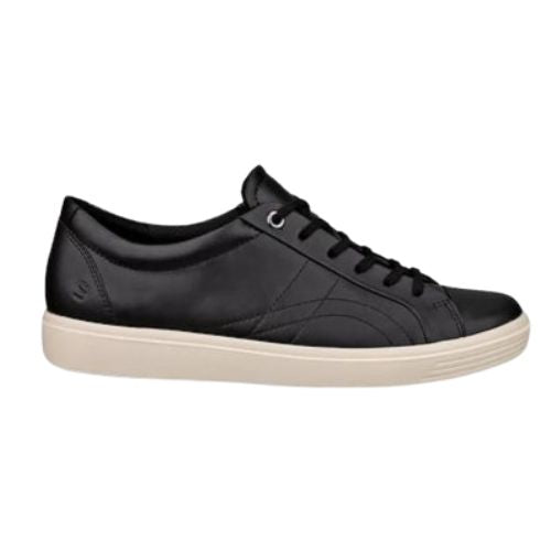 Profile of an Ecco black leather casual laced sneaker with detail stitching on side with a white outsole.