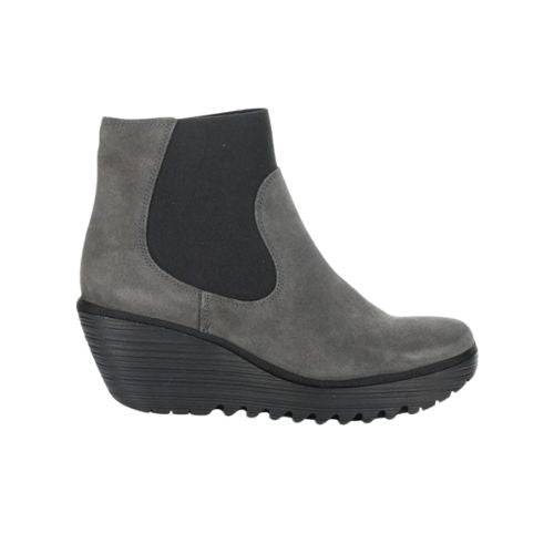 Side view of FLY London Yade Wedge Boot in gray suede featuring black elastic panels and a durable wedge sole for style and support.