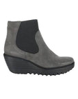 Side view of FLY London Yade Wedge Boot in gray suede featuring black elastic panels and a durable wedge sole for style and support.