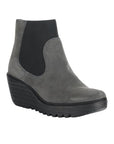 FLY London Yade Wedge Boot in gray suede with black elastic side panels and a comfortable wedge sole. Perfect for fall fashion and all-day wear.