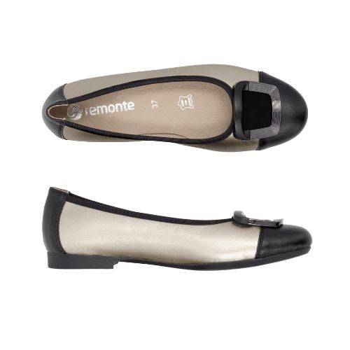 Pair of Remonte black and white ballet flats with large decorative silver/black buckle on toe and beige lining.