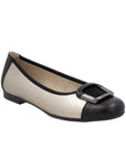 Remonte black and white ballet flat with large decorative silver/black buckle on toe and beige lining.