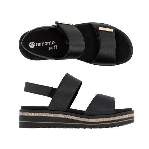 Pair of Black Remonte backstrap sandals with velcro straps, detailed gold bars, and a tan and black platform mid and outsole.