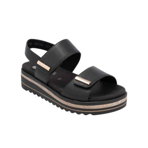 Black Remonte backstrap sandal with velcro straps, detailed gold bars, and a tan and black platform mid and outsole.