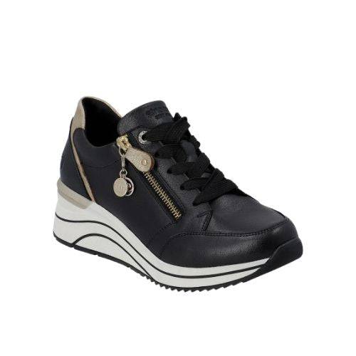 Black lace-up sneaker with gold accents in the side zipper, top of heel cut and single diagonal line down to midsole. the tongue has Remonte stamped at the top and black laces are flat. The midsole is white with black wave lines and the outsole is black