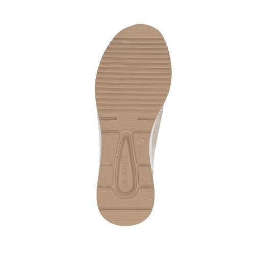 Tan outsole with light tread and Remonte logo in middle.