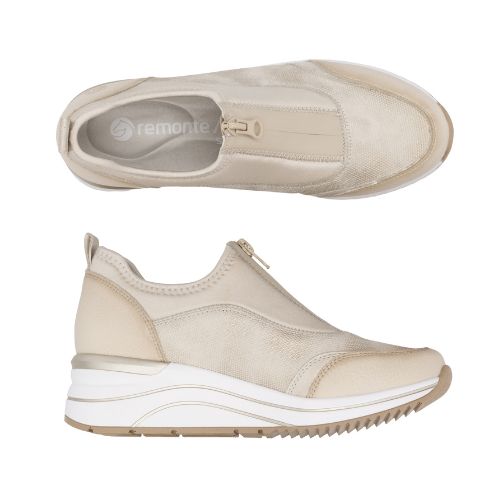 Pair of Remonte gold slip on ankle high sneakers with zipper at front, detail stitching, beige logo'd footbed and white with gold lines platform wedge outsole.