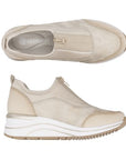 Pair of Remonte gold slip on ankle high sneakers with zipper at front, detail stitching, beige logo'd footbed and white with gold lines platform wedge outsole.