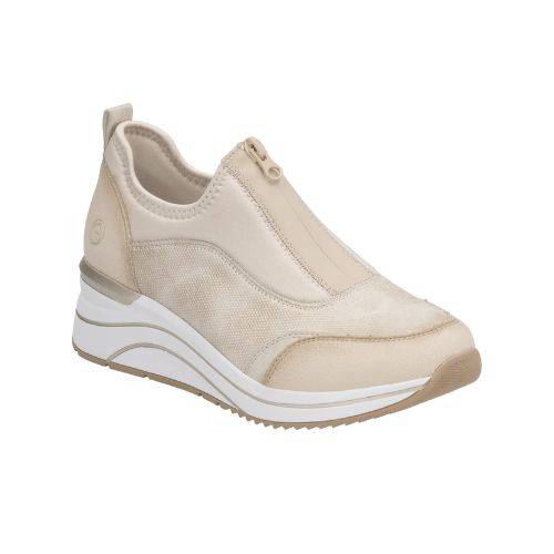 Remonte gold slip on ankle high sneaker with zipper at front, detail stitching and white with gold lines platform wedge outsole.