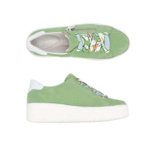 Pair of Remonte green platform sneakers with side zipper, blue/green/yellow abstract design laces, grey logo&#39;d footbed, white heel cap and white platform outsole.