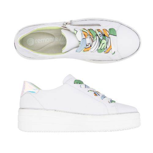 A pair of Remonte all white platform sneakers with side zipper, blue/green/yellow abstract design laces, grey logo&#39;d footbed and lime green lining.