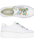 A pair of Remonte all white platform sneakers with side zipper, blue/green/yellow abstract design laces, grey logo'd footbed and lime green lining.