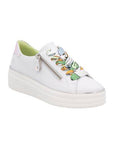 Remonte all white platform sneaker with side zipper, blue/green/yellow abstract design laces, and lime green lining.