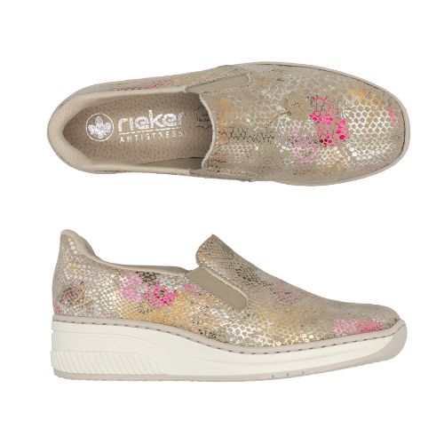 Pair of gold scale pattern Rieker slip on shoe with dark pink and gold peek through colors, beige logo&#39;d footbed white midsole and beige outsole.