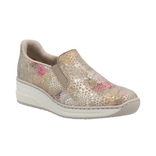 Gold scale pattern Rieker slip on shoe with dark pink and gold peek through colors, white midsole and beige outsole.