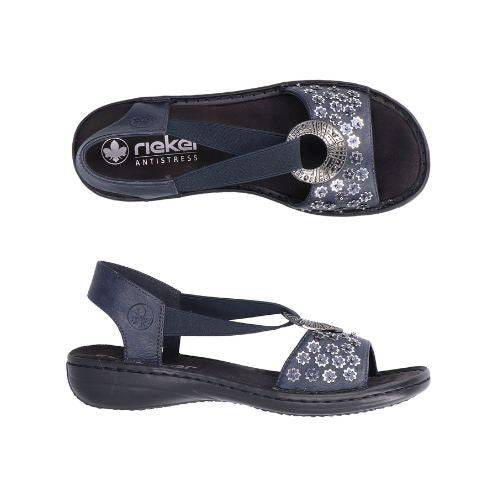 Pair of Rieker navy sling back sandal with circle medallion on top of floral sequined toe strap and a black footbed and outsole.