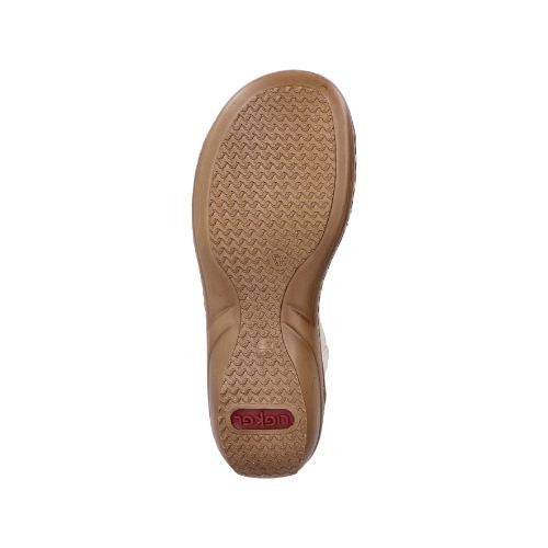 Brown wavey treaded outsole with red Rieker logo on heel.