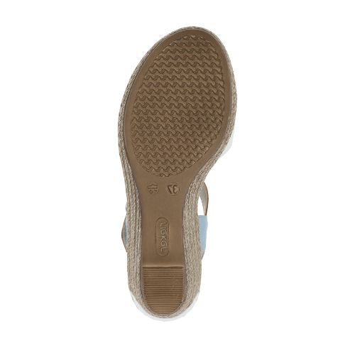 Tan textured tread wedge outsole with Rieker logo stamped in middle with size icon.