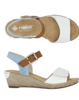 Pair of Rieker sling back wedge with blue back strap, brown buckle strap, white velcro toe strap, beige logo'd footbed and tan textured midsole.