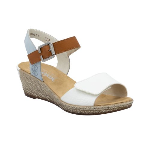 Rieker sling back wedge with blue back strap, brown buckle strap, white velcro toe strap, beige logo'd footbed and tan textured midsole.