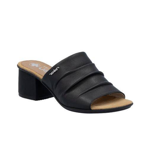 Rieker black block heel slide sandal with detail gathering on front upper with beige logo'd footbed.