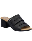 Rieker black block heel slide sandal with detail gathering on front upper with beige logo'd footbed.