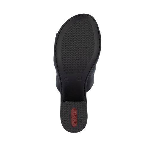 Black block heed outsole with light tread and red Rieker logo on heel.