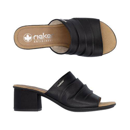 Pair of Rieker black block heel slide sandal with detail gathering on front upper with beige logo'd footbed.