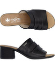 Pair of Rieker black block heel slide sandal with detail gathering on front upper with beige logo'd footbed.