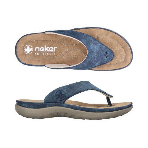 Pair of blue toe post suede sandals with Rieker logo on side, beige footbed, blue midsole and grey outsole